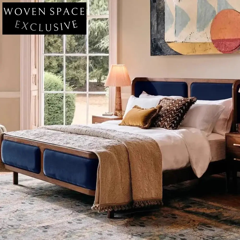 Luxury King Size Retro Solid Ash Wood Velvet Upholstered Soft Bed Frame