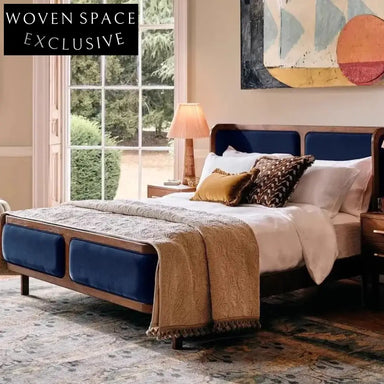 Luxury King Size Retro Solid Ash Wood Velvet Upholstered Soft Bed Frame