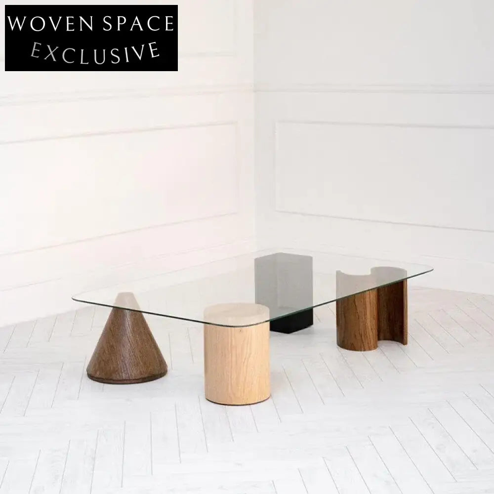 Luxury Living Room Glass Top Square Coffee Table with Wooden Base