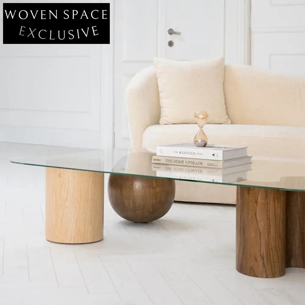 Luxury Living Room Glass Top Square Coffee Table with Wooden Base