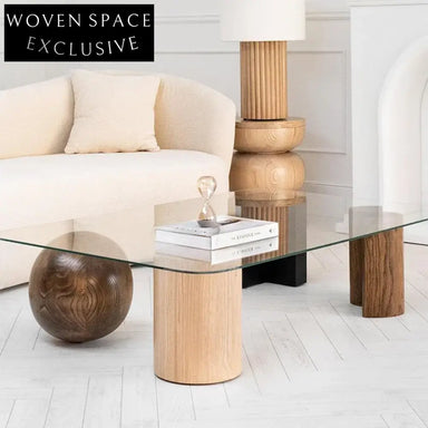 Luxury Living Room Glass Top Square Coffee Table with Wooden Base