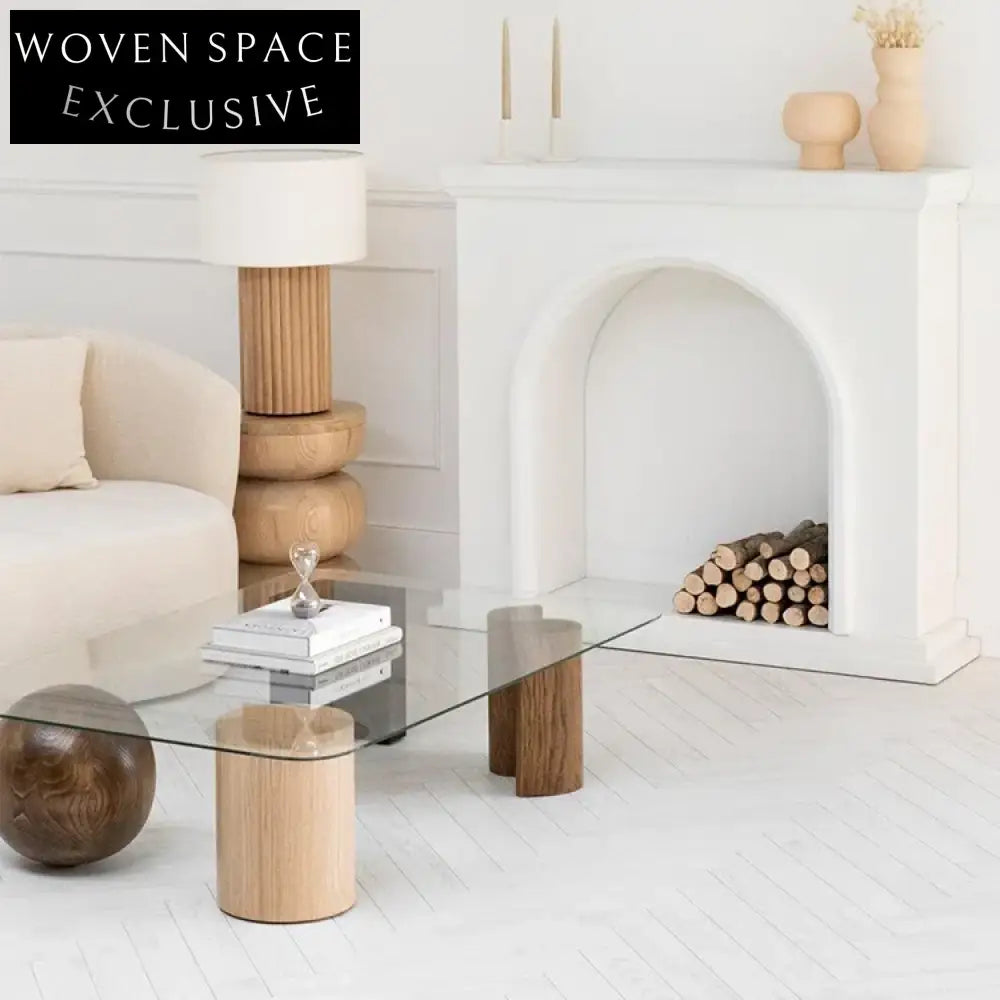 Luxury Living Room Glass Top Square Coffee Table with Wooden Base