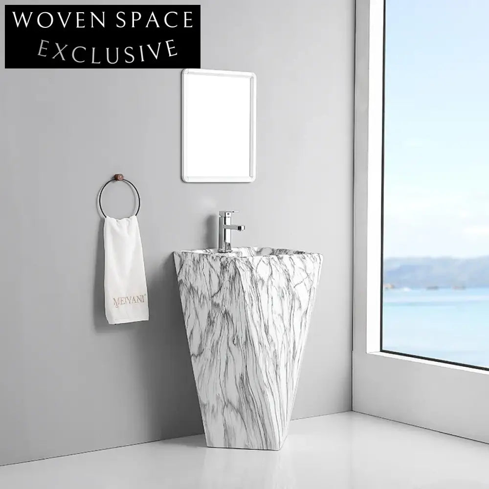 Luxury Marble Pedestal Wash Basin, One-Piece Floor Standing Bathroom Sink
