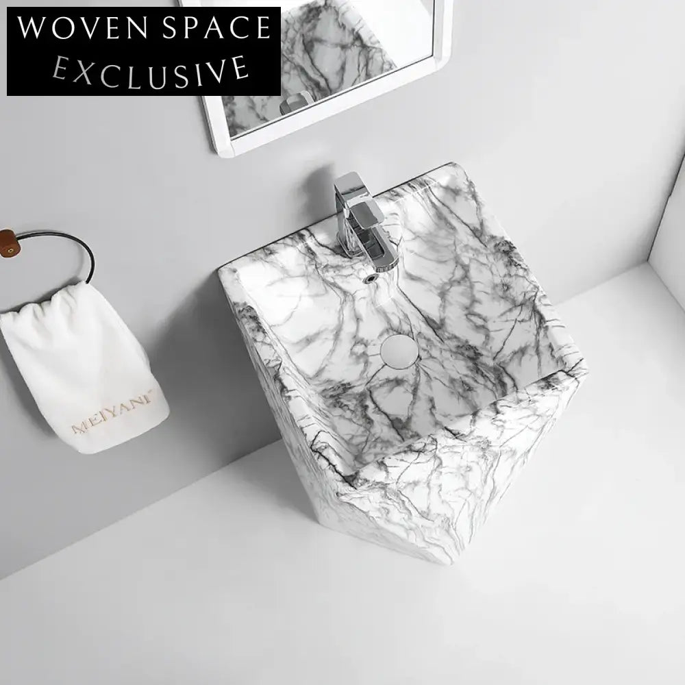 Luxury Marble Pedestal Wash Basin, One-Piece Floor Standing Bathroom Sink