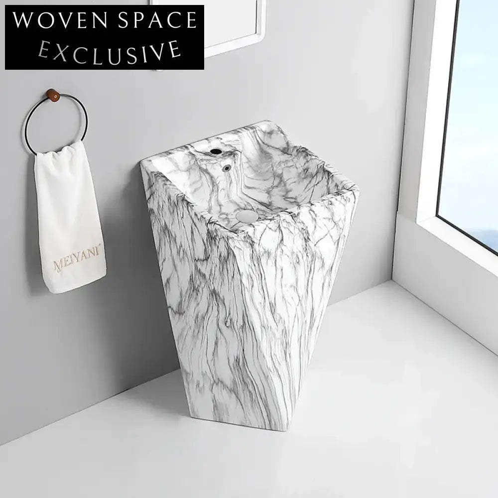 Luxury Marble Pedestal Wash Basin, One-Piece Floor Standing Bathroom Sink