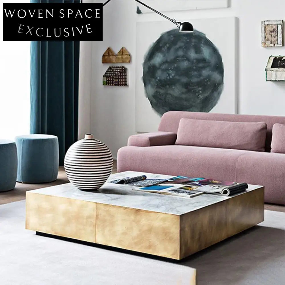 Luxury Mid-Century Brass Marble Coffee Table Set - Square Stainless Steel Design