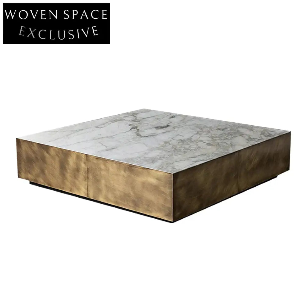 Luxury Mid-Century Brass Marble Coffee Table Set - Square Stainless Steel Design
