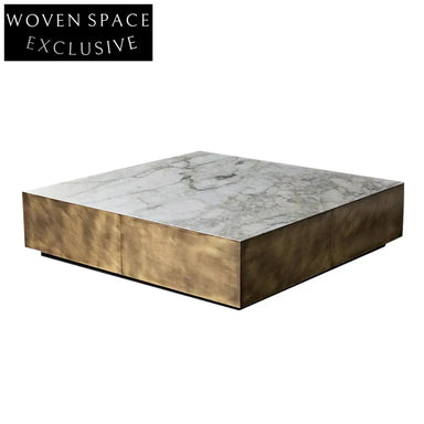 Luxury Mid-Century Brass Marble Coffee Table Set - Square Stainless Steel Design