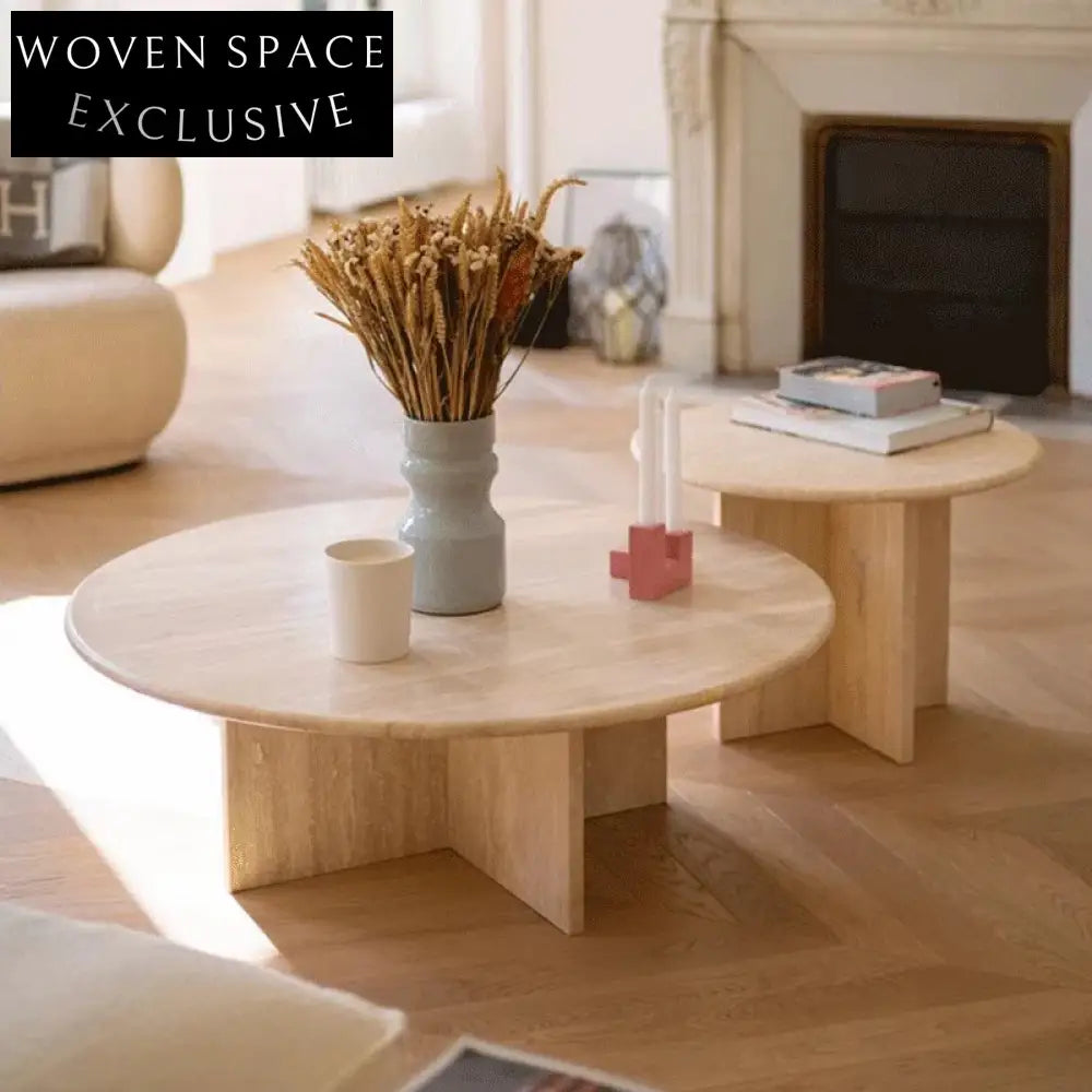 Luxury Minimalist Modern Travertine Round Living Room Center Coffee Table