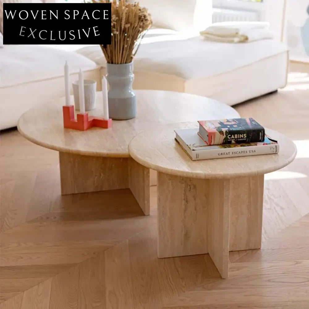 Luxury Minimalist Modern Travertine Round Living Room Center Coffee Table