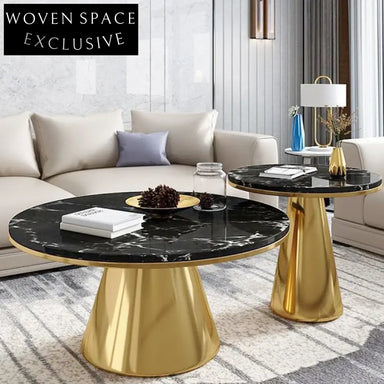 Luxury Minimalist Round Gold Metal Marble Living Room Coffee Table Set