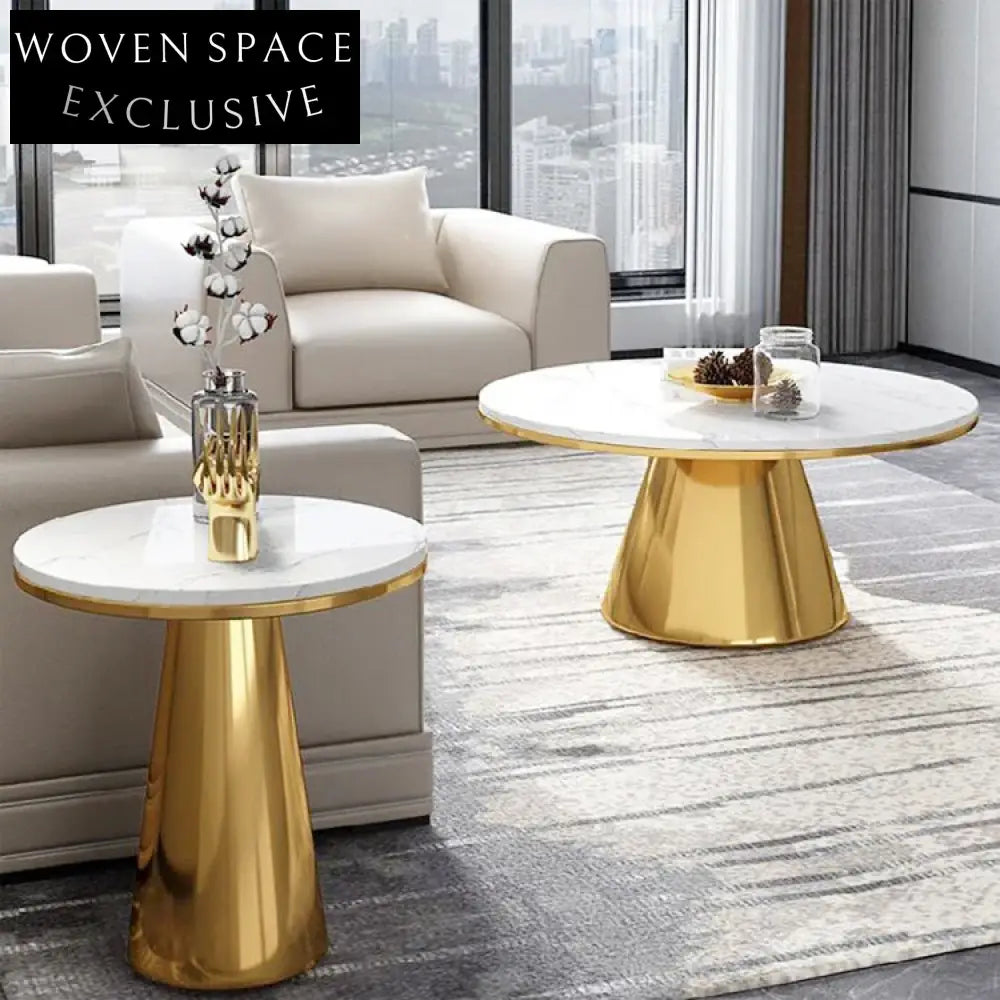 Luxury Minimalist Round Gold Metal Marble Living Room Coffee Table Set