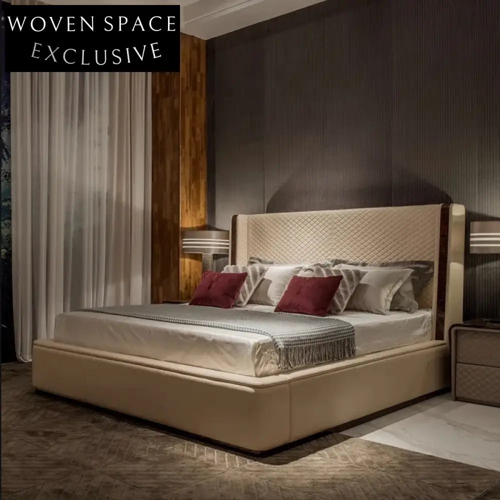 Luxury Modern Brown Genuine Leather King Size Soft Bed Frame for Bedroom