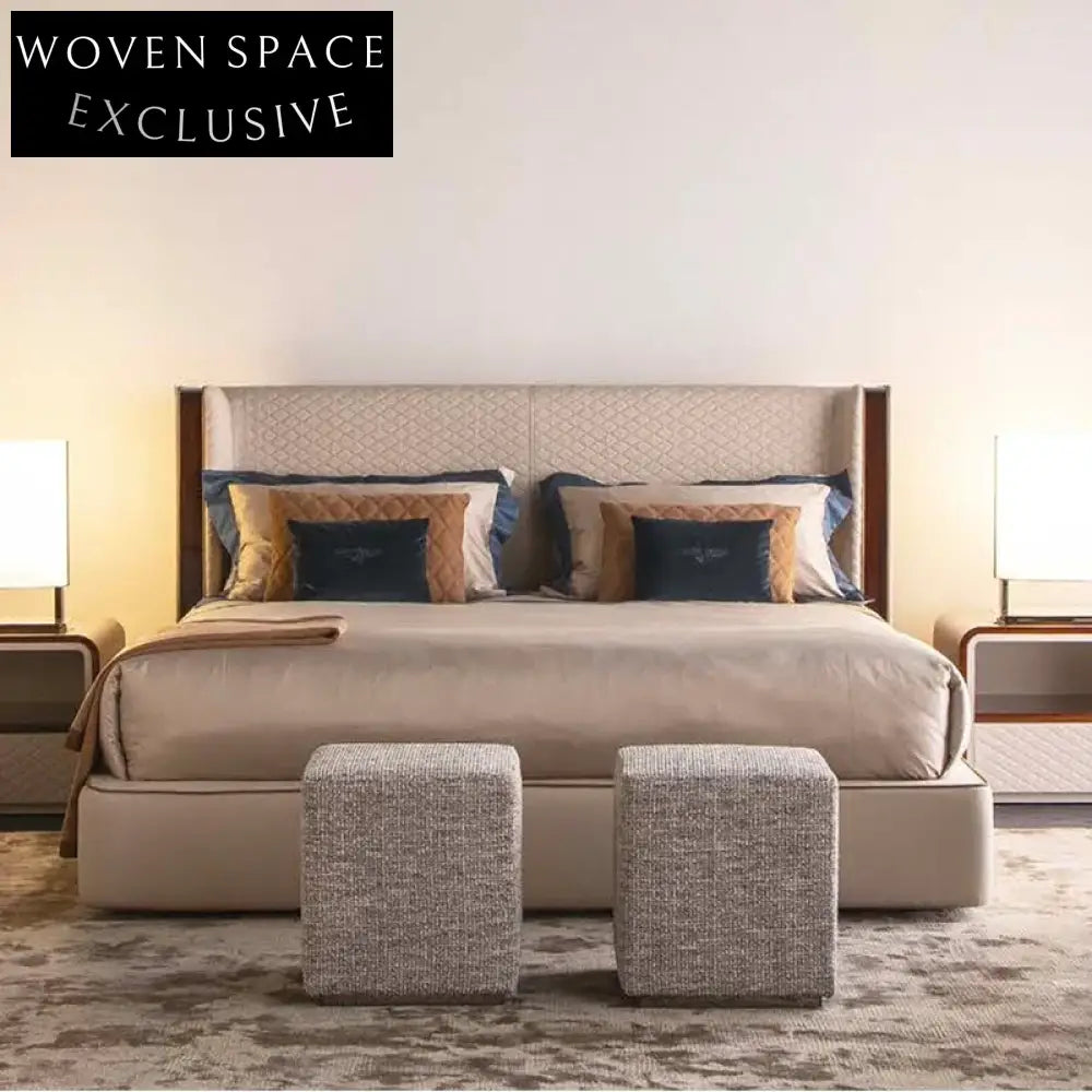 Luxury Modern Brown Genuine Leather King Size Soft Bed Frame for Bedroom