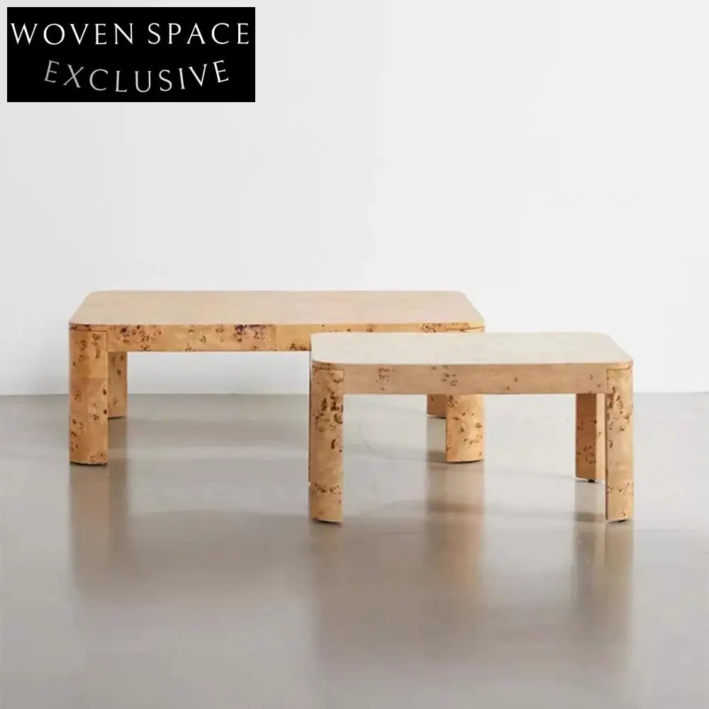 Luxury Modern Burl Wood Square Solid Coffee Table for Living Room