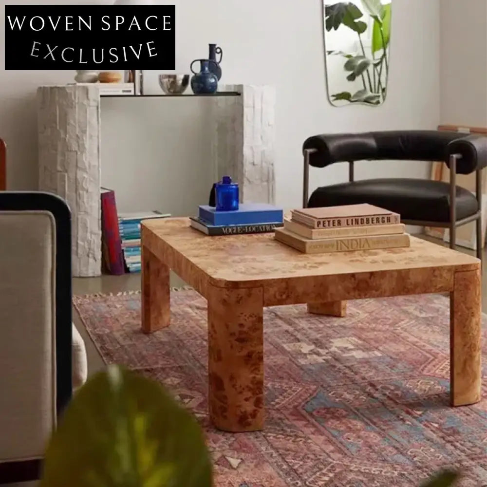 Luxury Modern Burl Wood Square Solid Coffee Table for Living Room
