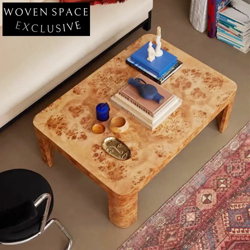Luxury Modern Burl Wood Square Solid Coffee Table for Living Room