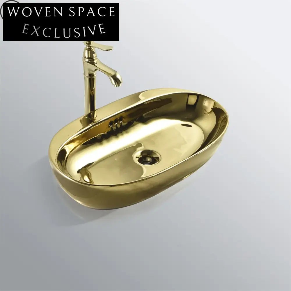 Luxury Modern Ceramic Gold Oval Vessel Sink for Countertop Bathroom