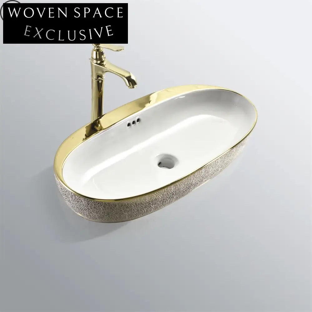 Luxury Modern Ceramic Gold Oval Vessel Sink for Countertop Bathroom