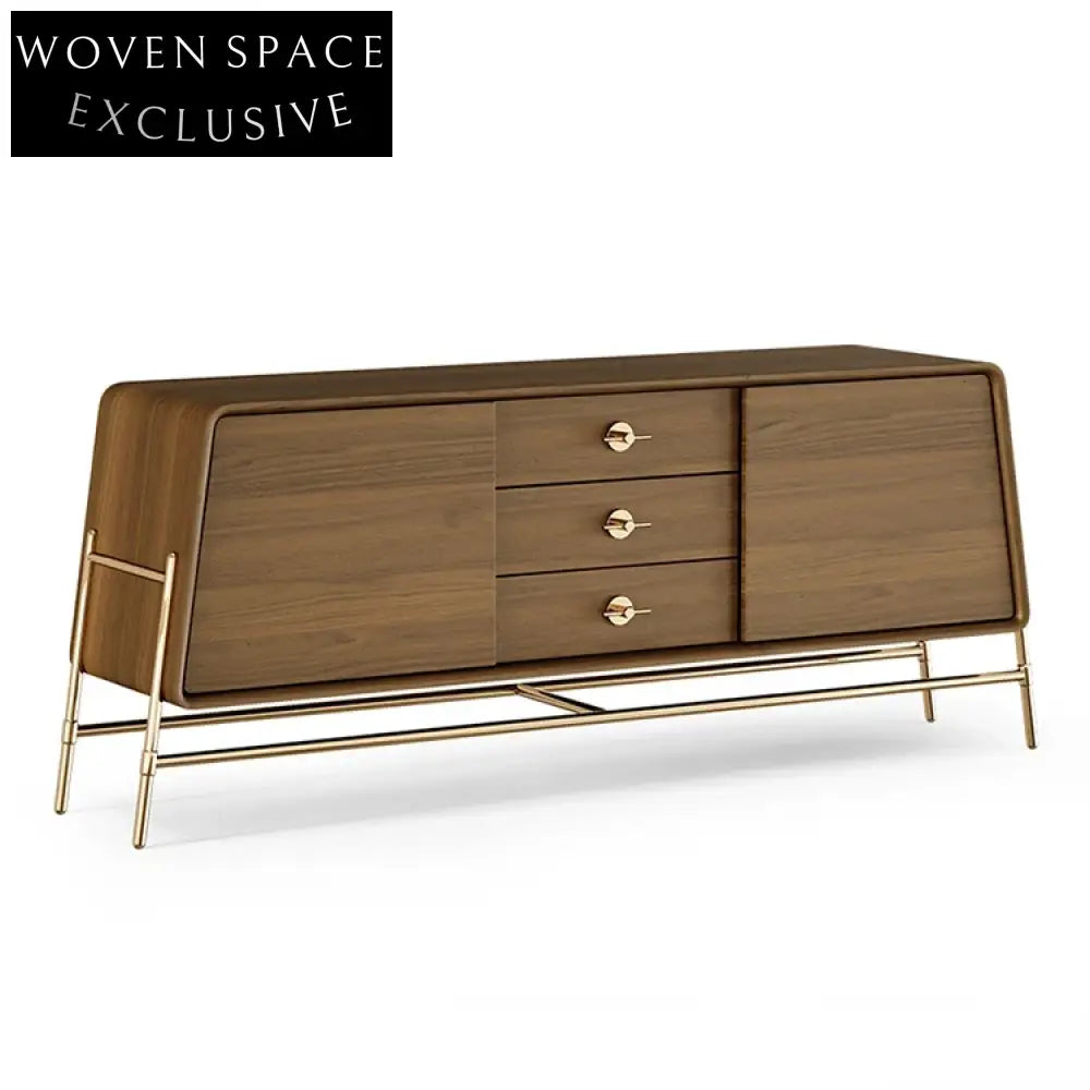 Luxury Modern Console Table with Storage Drawers, Walnut Wood, Gold Metal Base