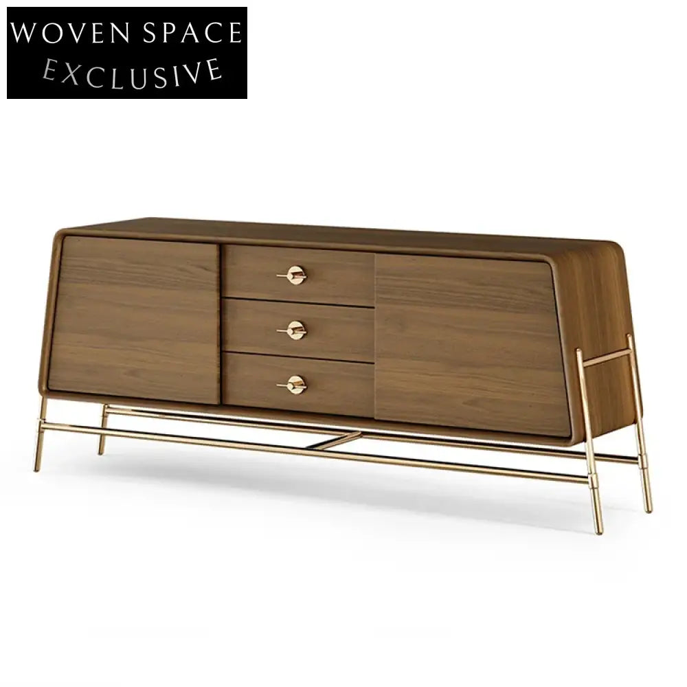 Luxury Modern Console Table with Storage Drawers, Walnut Wood, Gold Metal Base