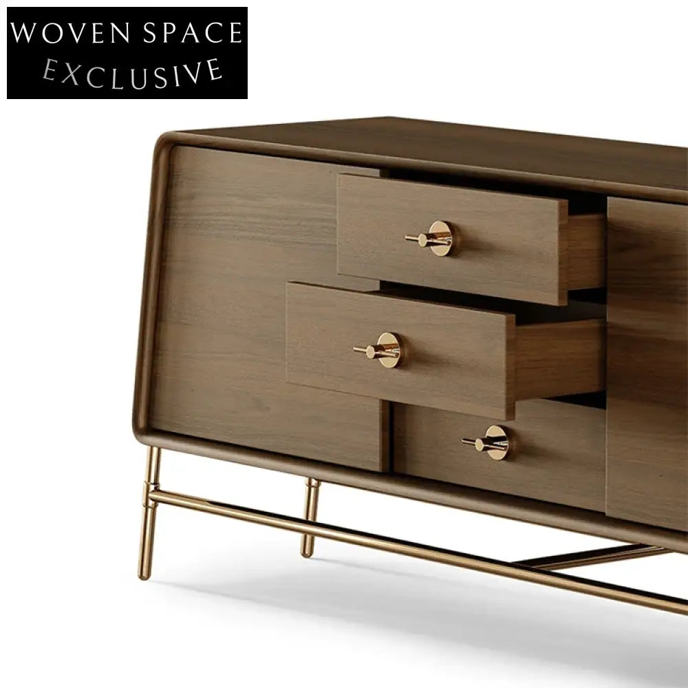 Luxury Modern Console Table with Storage Drawers, Walnut Wood, Gold Metal Base