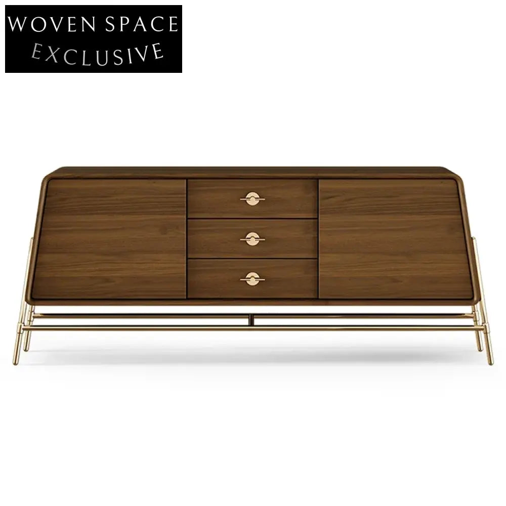 Luxury Modern Console Table with Storage Drawers, Walnut Wood, Gold Metal Base