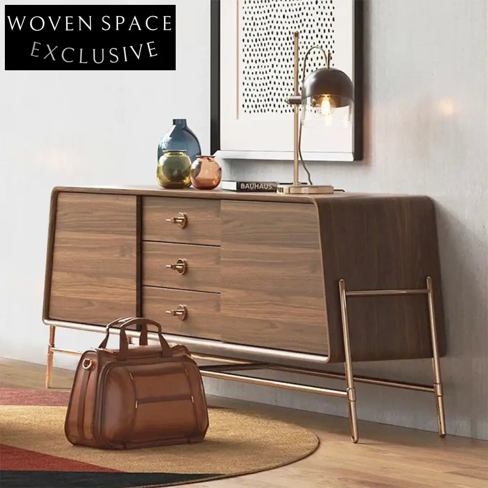 Luxury Modern Console Table with Storage Drawers, Walnut Wood, Gold Metal Base