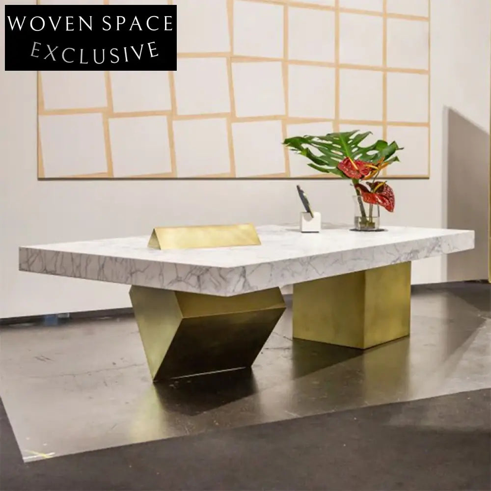 Luxury Modern Geometric Natural Marble Gold Metal Rectangle Living Room Coffee Table