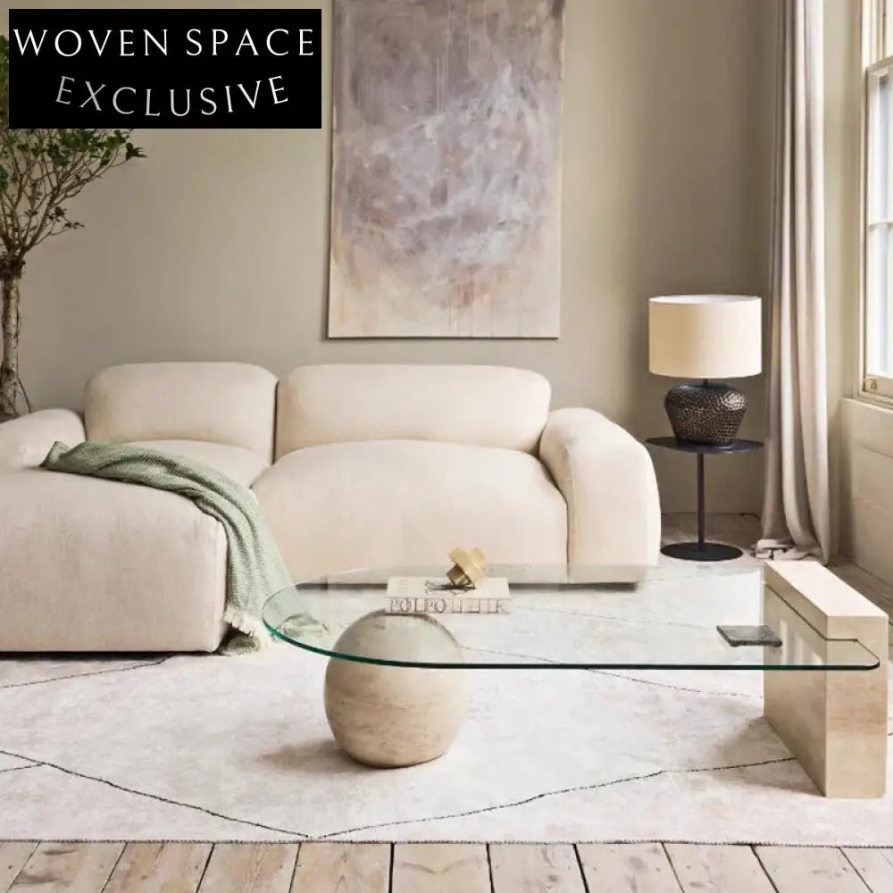 Luxury Modern Glass Top Coffee Table with Travertine Base Living Room Table