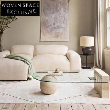 Luxury Modern Glass Top Coffee Table with Travertine Base Living Room Table