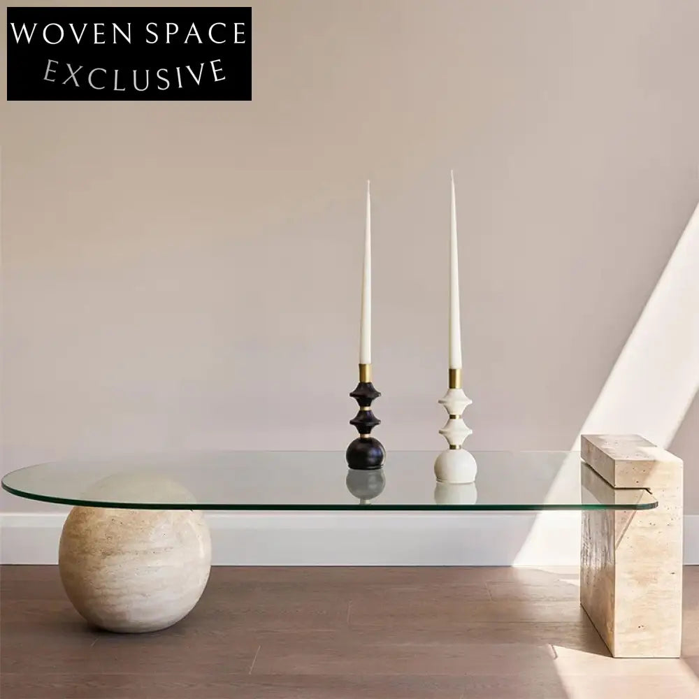 Luxury Modern Glass Top Coffee Table with Travertine Base Living Room Table