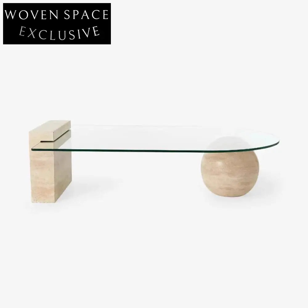 Luxury Modern Glass Top Coffee Table with Travertine Base Living Room Table