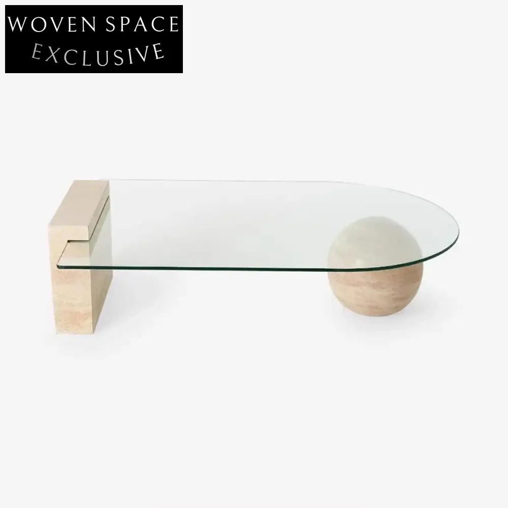 Luxury Modern Glass Top Coffee Table with Travertine Base Living Room Table