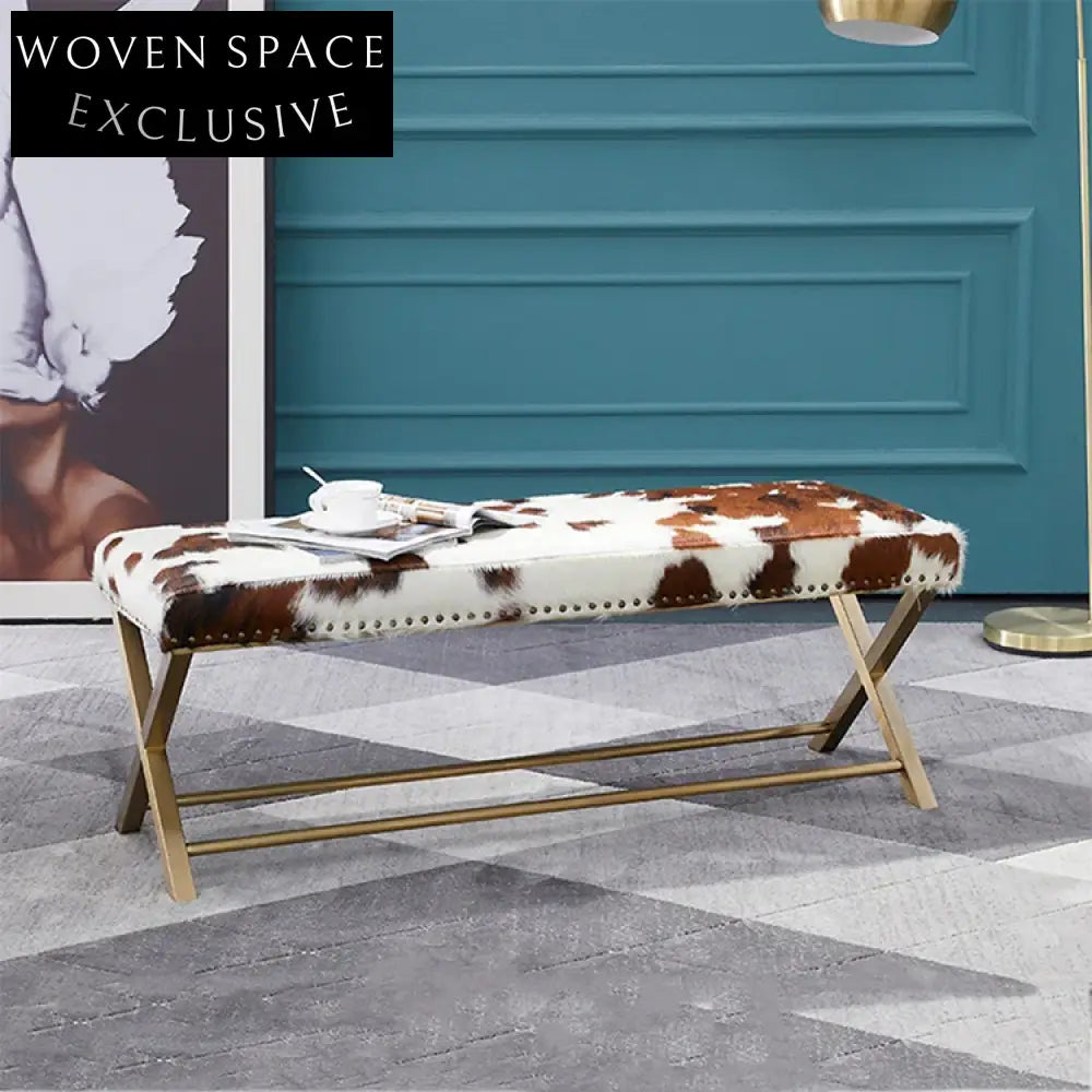 Luxury Modern Gold Real Leather Upholstered Bench for Bedroom and Living Room