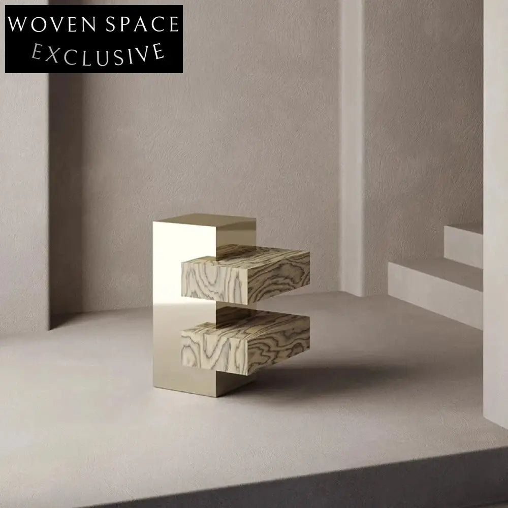 Luxury Modern Gold Stainless Steel Square Side Table with Burl Wood Veneer