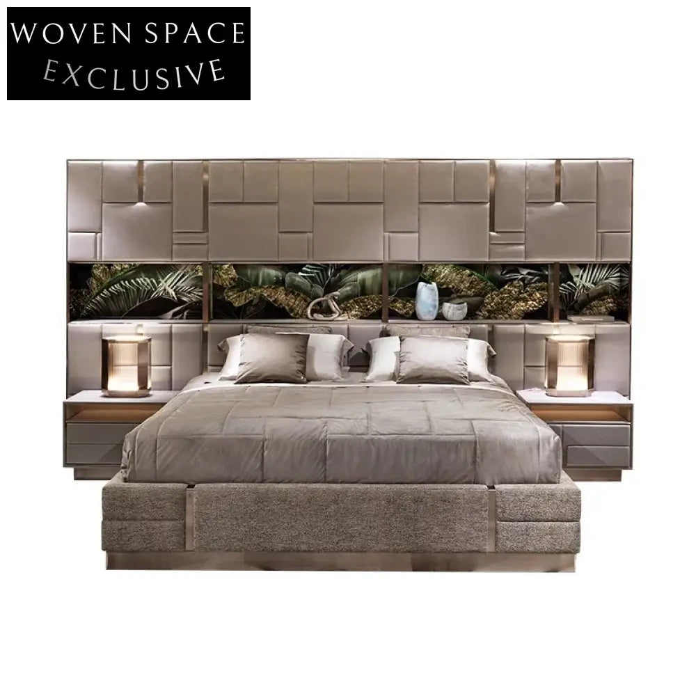 Luxury Modern Golden Metal King Size Upholstered Bed with Italian Suede Fabric