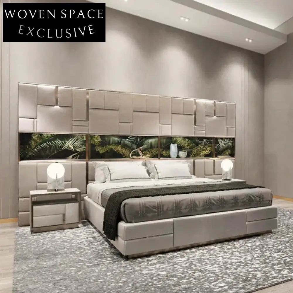 Luxury Modern Golden Metal King Size Upholstered Bed with Italian Suede Fabric