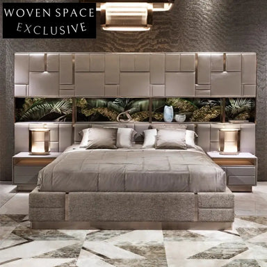 Luxury Modern Golden Metal King Size Upholstered Bed with Italian Suede Fabric