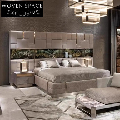 Luxury Modern Golden Metal King Size Upholstered Bed with Italian Suede Fabric