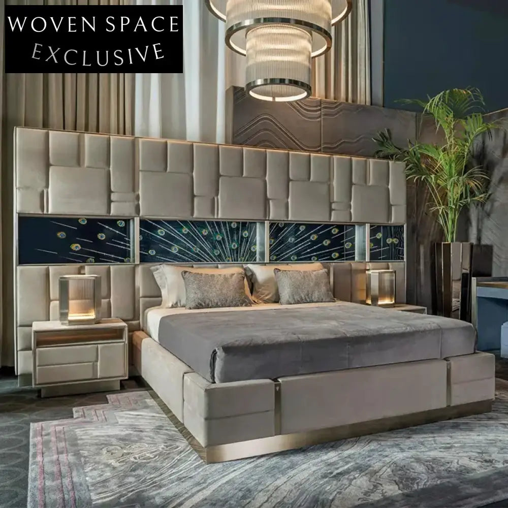 Luxury Modern Golden Metal King Size Upholstered Bed with Italian Suede Fabric