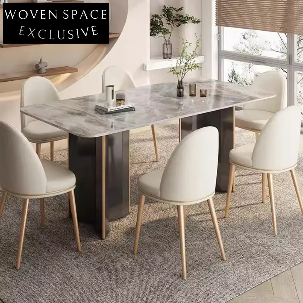 Luxury Modern Italian Rock Slab Top Stainless Steel Rectangular Dining Table