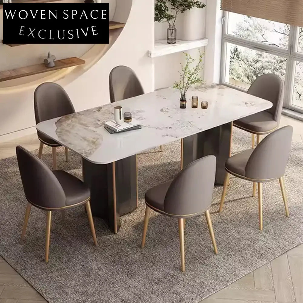 Luxury Modern Italian Rock Slab Top Stainless Steel Rectangular Dining Table