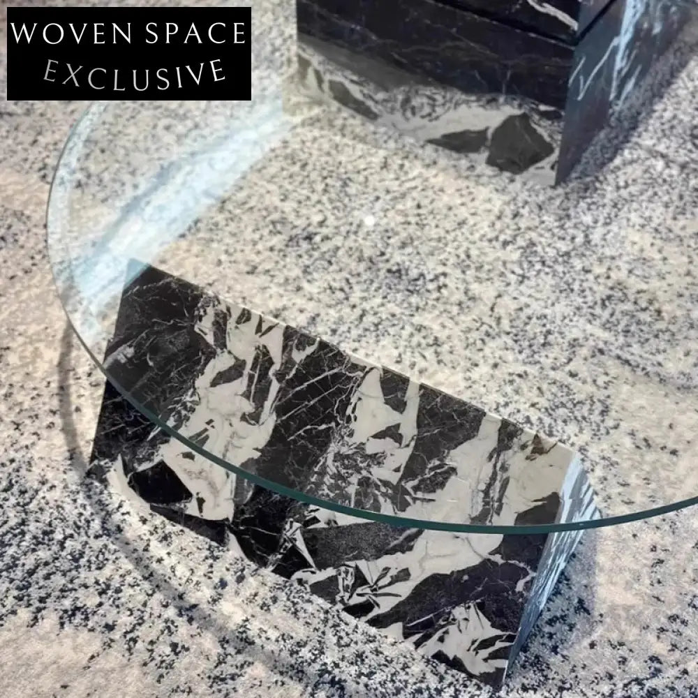 Luxury Modern Round Black Marble Coffee Table Set with Glass Top