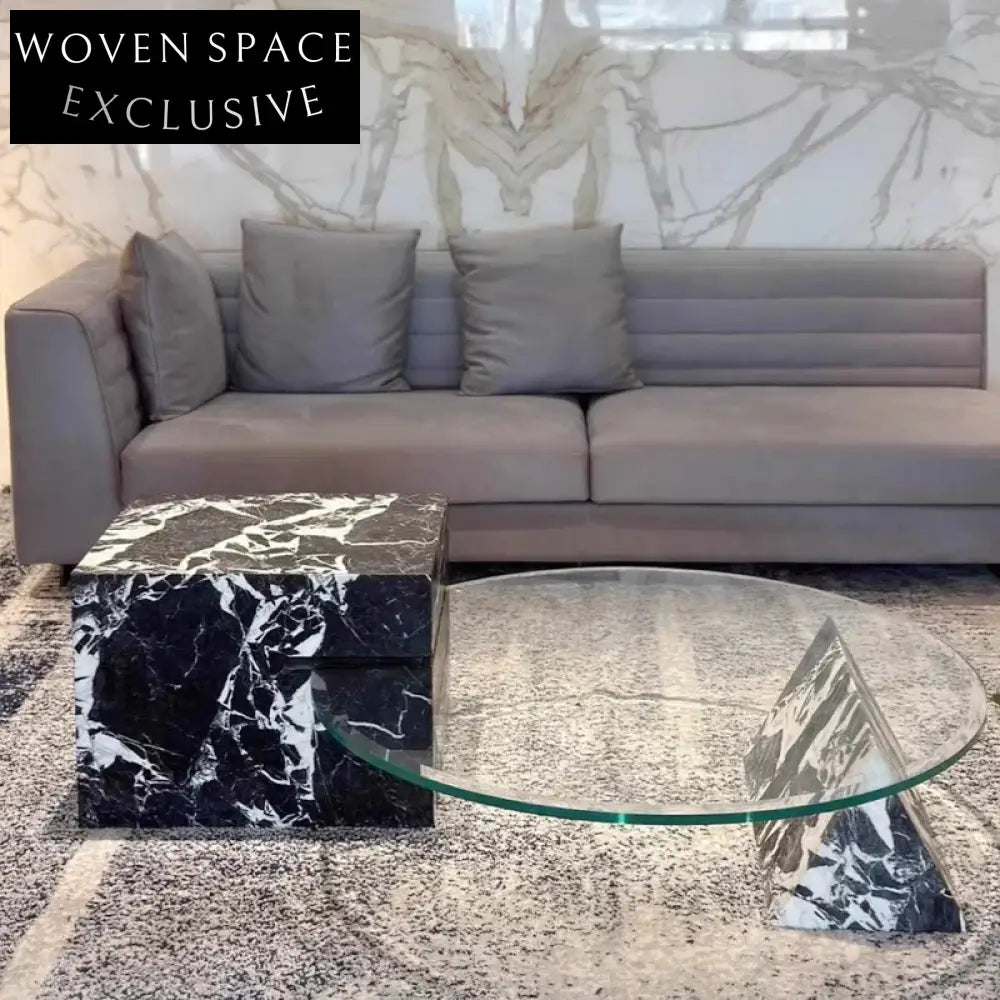 Luxury Modern Round Black Marble Coffee Table Set with Glass Top