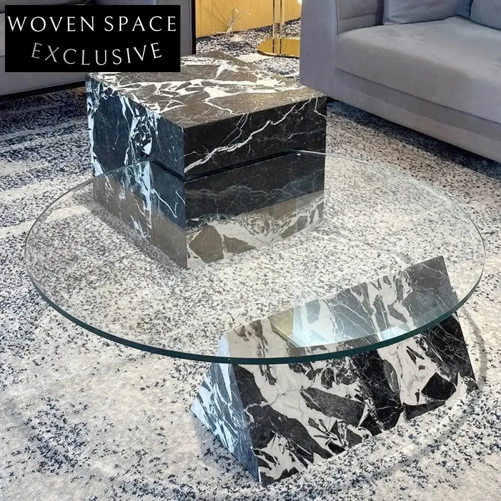 Luxury Modern Round Black Marble Coffee Table Set with Glass Top