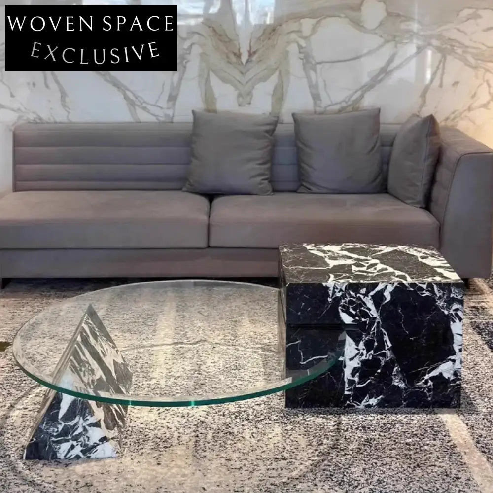 Luxury Modern Round Black Marble Coffee Table Set with Glass Top