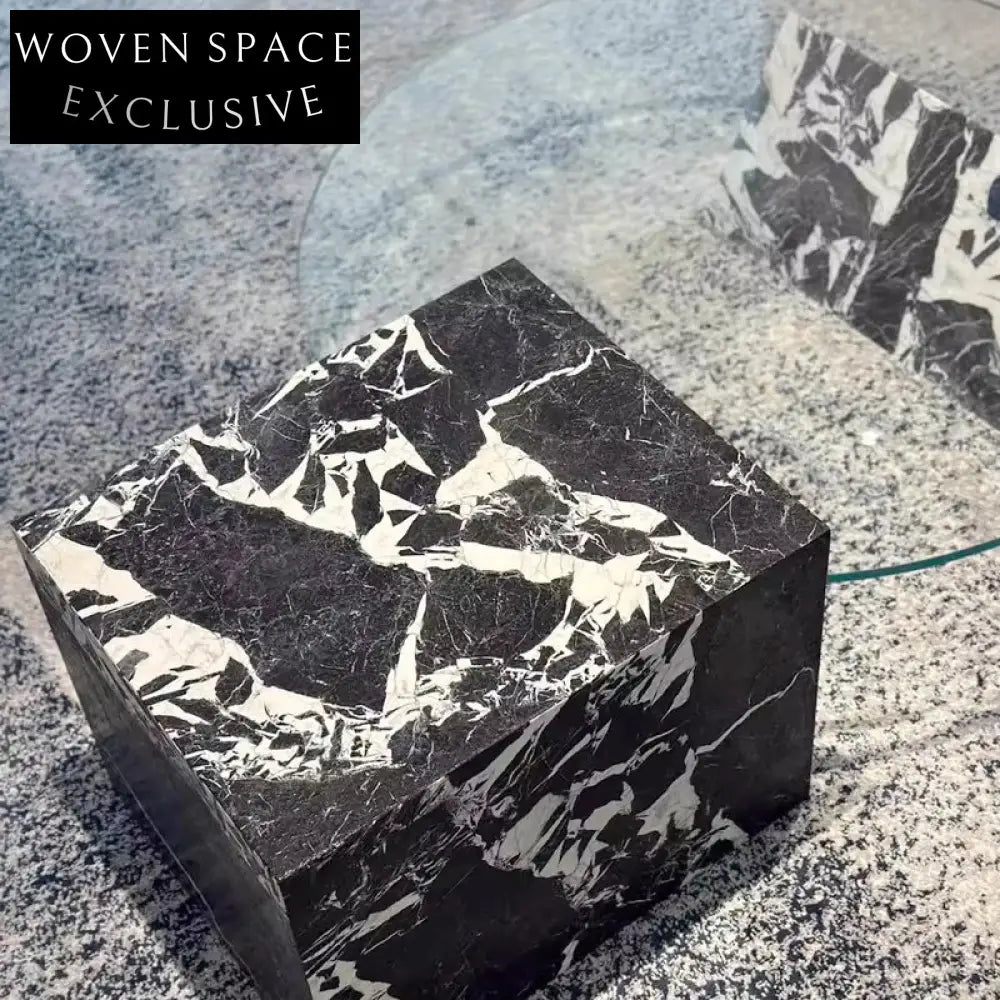 Luxury Modern Round Black Marble Coffee Table Set with Glass Top