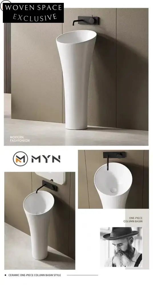 Luxury Modern Round Freestanding Ceramic Pedestal Sink with Elegant Gold Accents