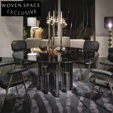 Luxury Modern Round Glass Dining Table, Stainless Steel Base, Six Seats